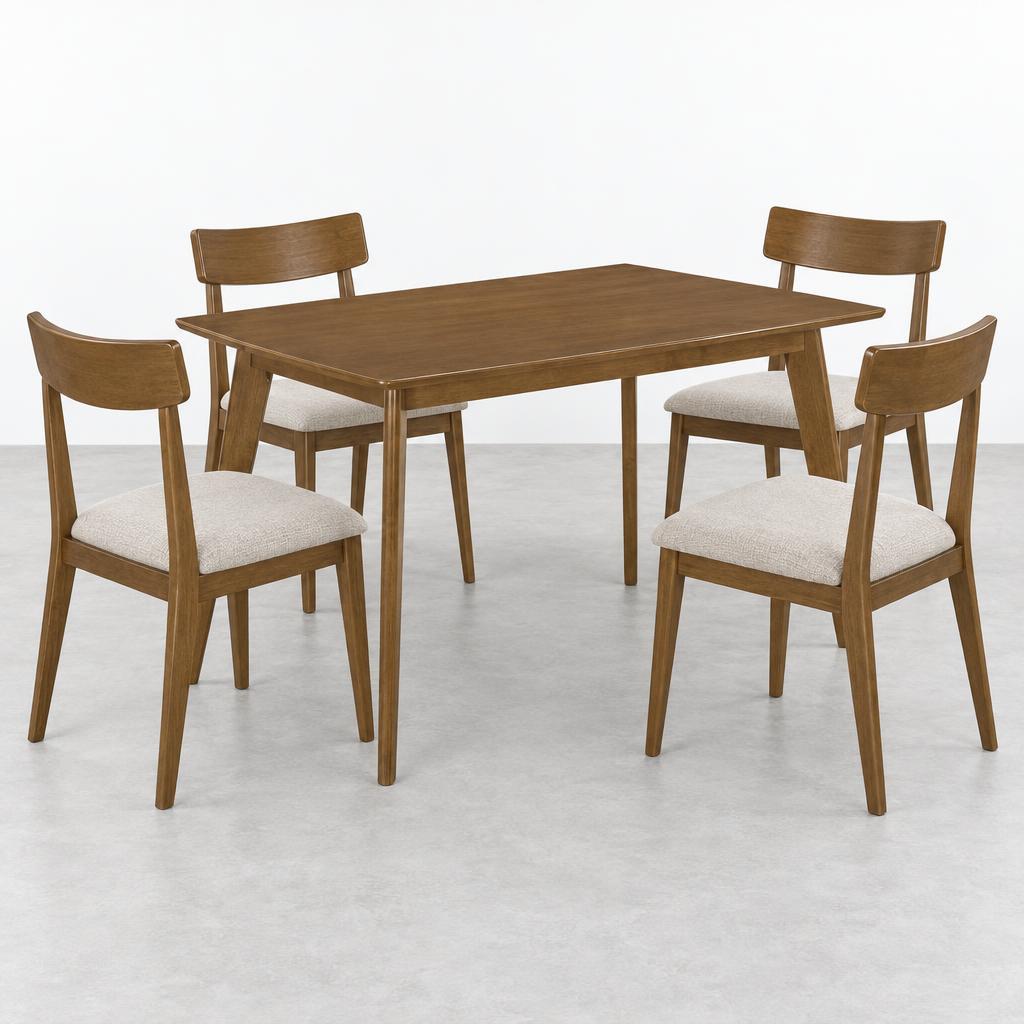 Wooden table with sleek, angled legs and a rectangular top.