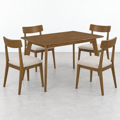 Wooden table with sleek, angled legs and a rectangular top.