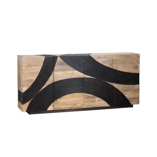 Wooden sideboard with black curved patterns on the front.