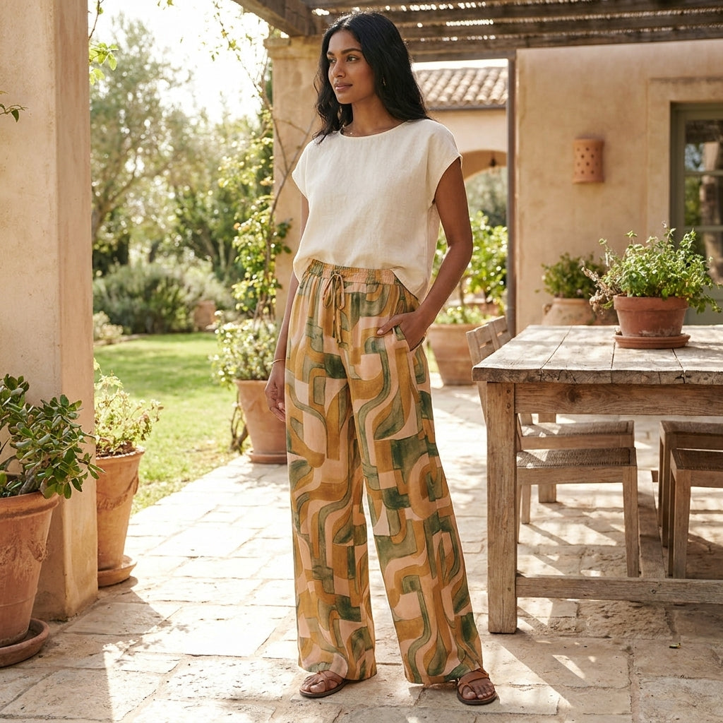 Woman in patterned pants stands on a patio surrounded by plants.
