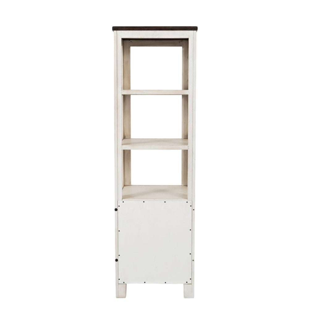 White wooden shelf with three open tiers and one cabinet at the bottom.