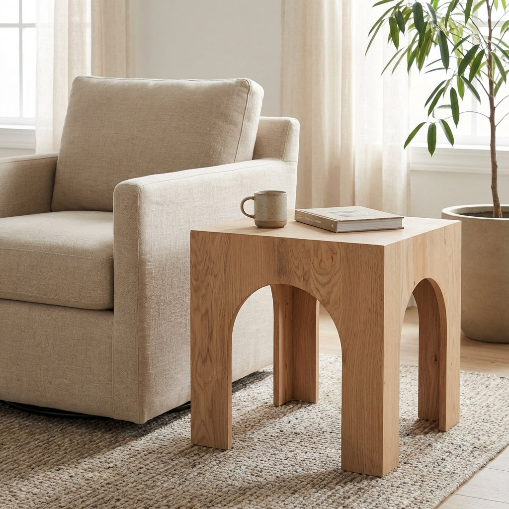 Wooden stool with arch design, simple and modern.