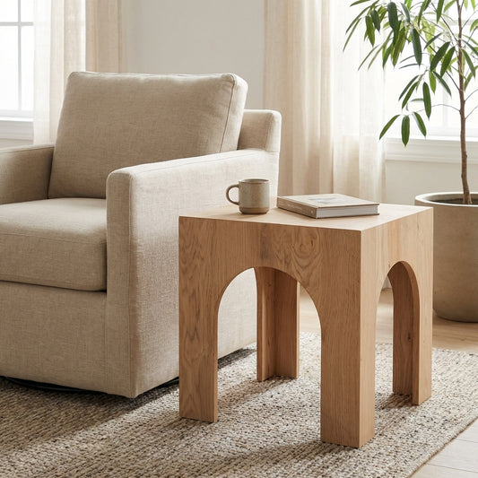 Wooden stool with arch design, simple and modern.