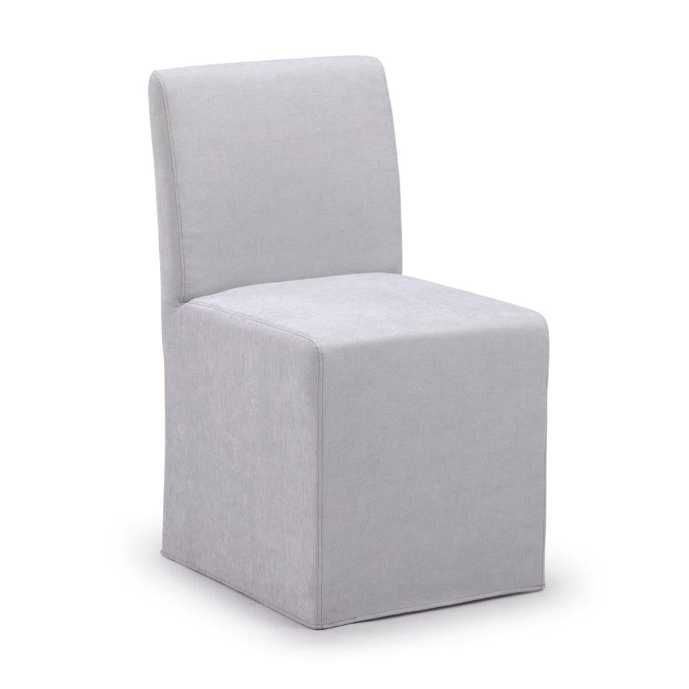 Gray, minimalist upholstered chair with a sleek, modern design.