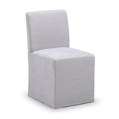 Gray, minimalist upholstered chair with a sleek, modern design.