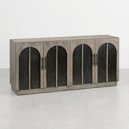 Open two-door cabinet with shelves and side handles.