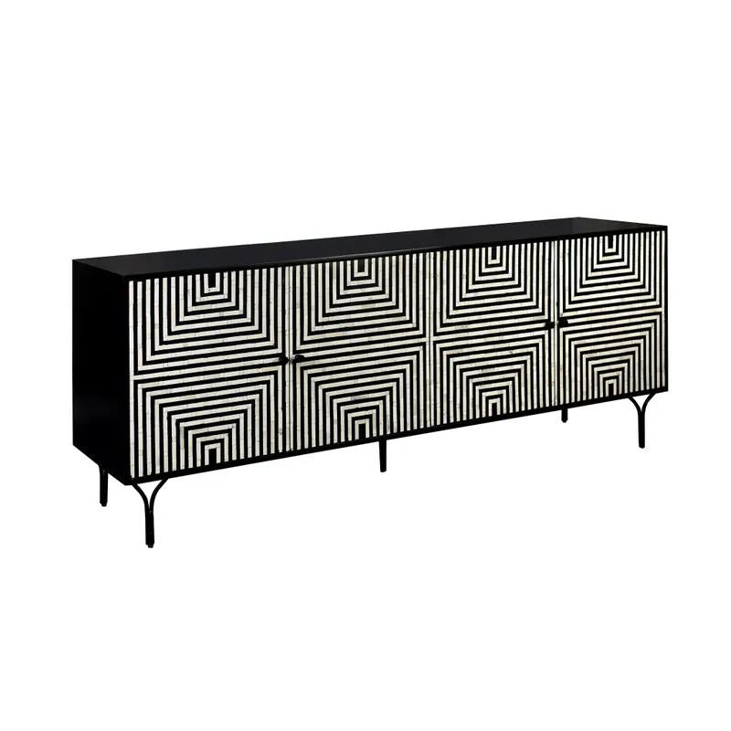 Black sideboard with geometric pattern doors and elegant thin legs.