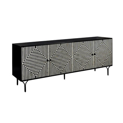 Black sideboard with geometric pattern doors and elegant thin legs.