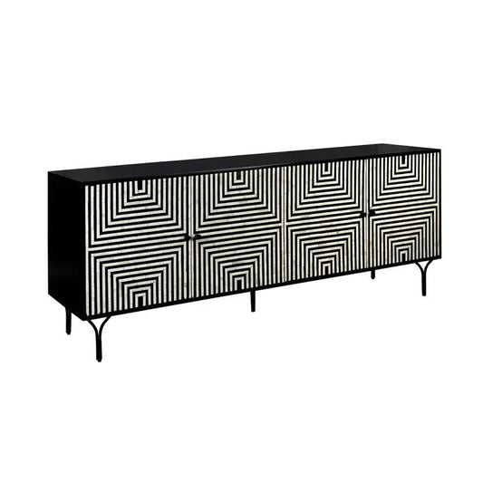 Black sideboard with geometric pattern doors and elegant thin legs.