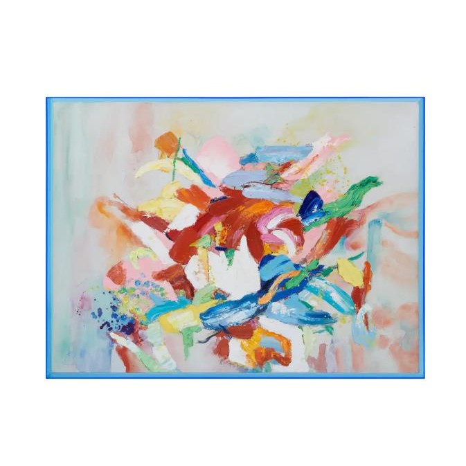 Colorful abstract painting with vivid brushstrokes in a blue frame.