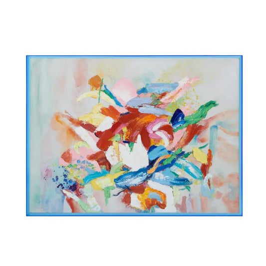 Colorful abstract painting with vivid brushstrokes in a blue frame.
