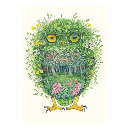 Whimsical owl illustration made of leaves and flowers, with forest details inside.