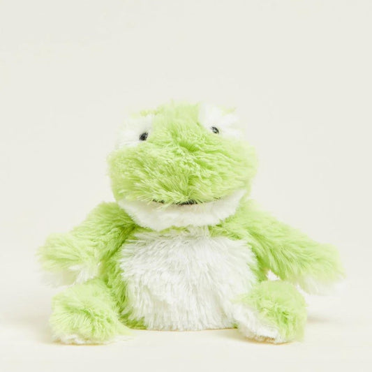 Fluffy green frog plush with a white belly and wide smile.