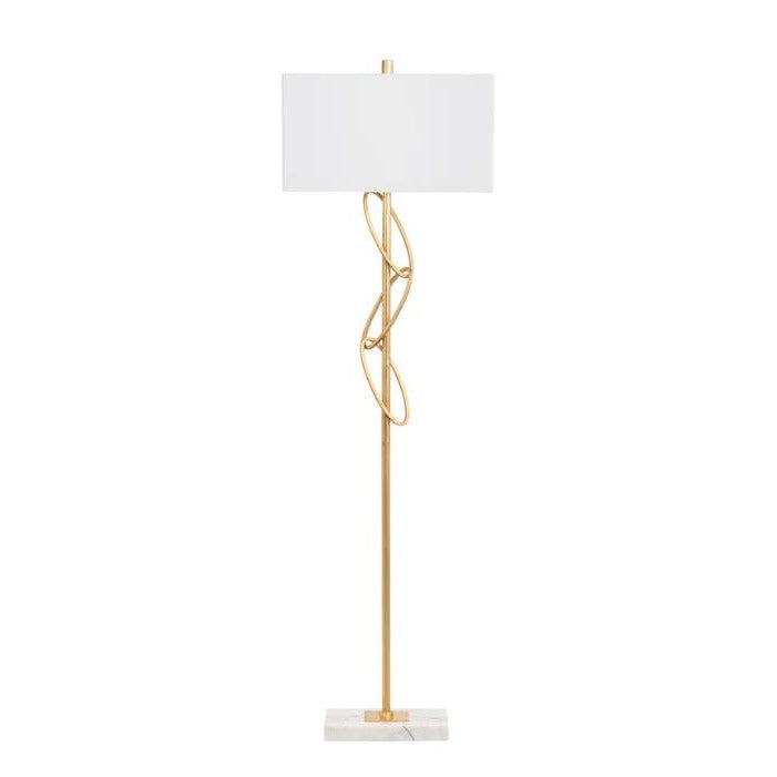 Gold floor lamp with twisted design and white shade.