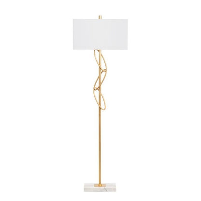Gold floor lamp with twisted design and white shade.