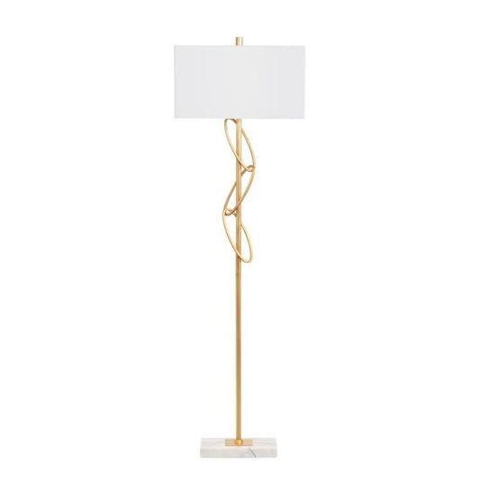 Gold floor lamp with twisted design and white shade.