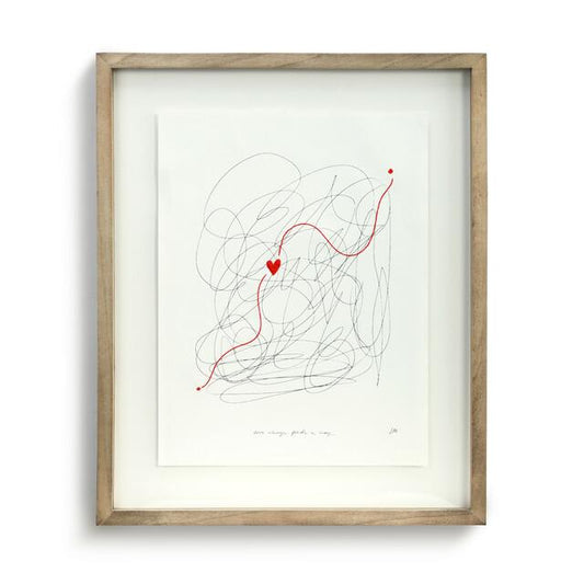 Abstract art with red heart; chaotic lines.