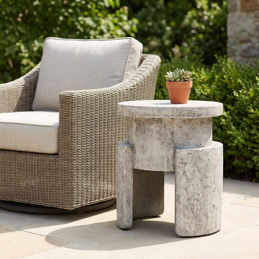 A textured concrete stool with a round top and curved legs.