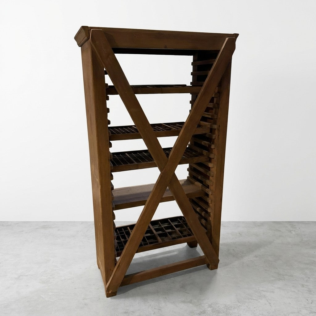Wooden wine rack with an X-frame design and multiple shelves.