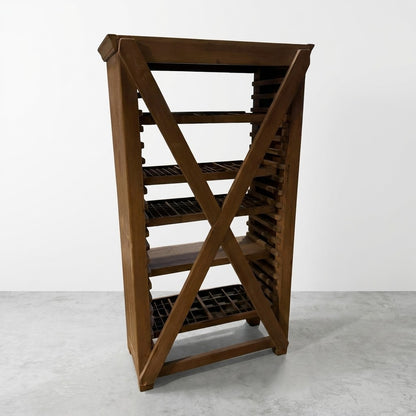 Wooden wine rack with an X-frame design and multiple shelves.