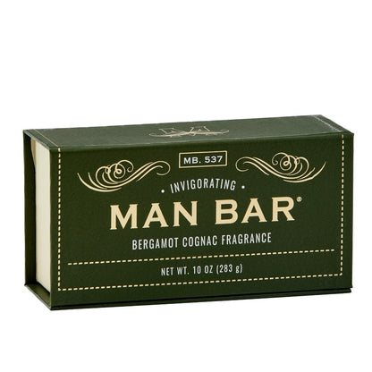 Green box of Man Bar soap with bergamot cognac fragrance.