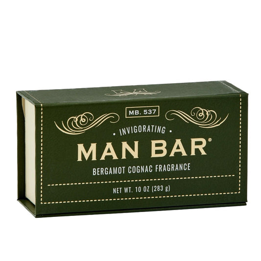 Green box of Man Bar soap with bergamot cognac fragrance.