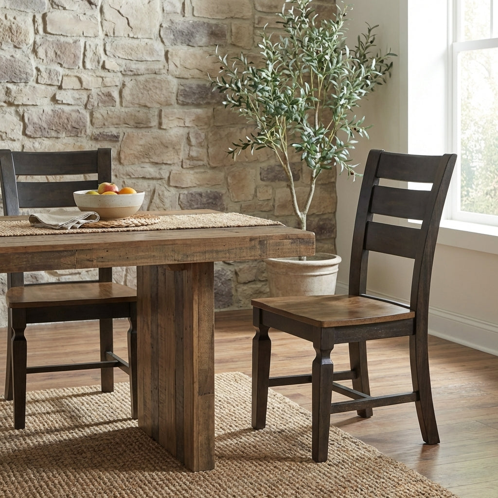 Dark wood dining chair with a slatted back.