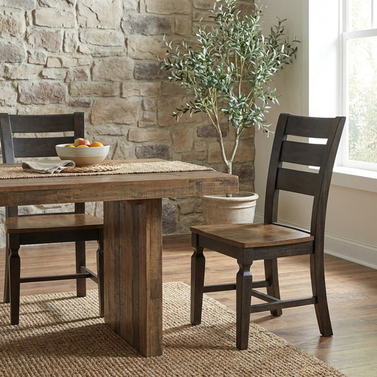 Dark wood dining chair with a slatted back.