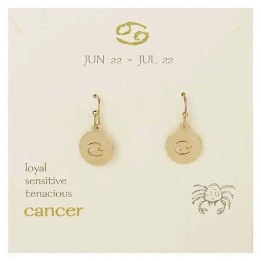 Gold Cancer earrings with zodiac symbols and traits.