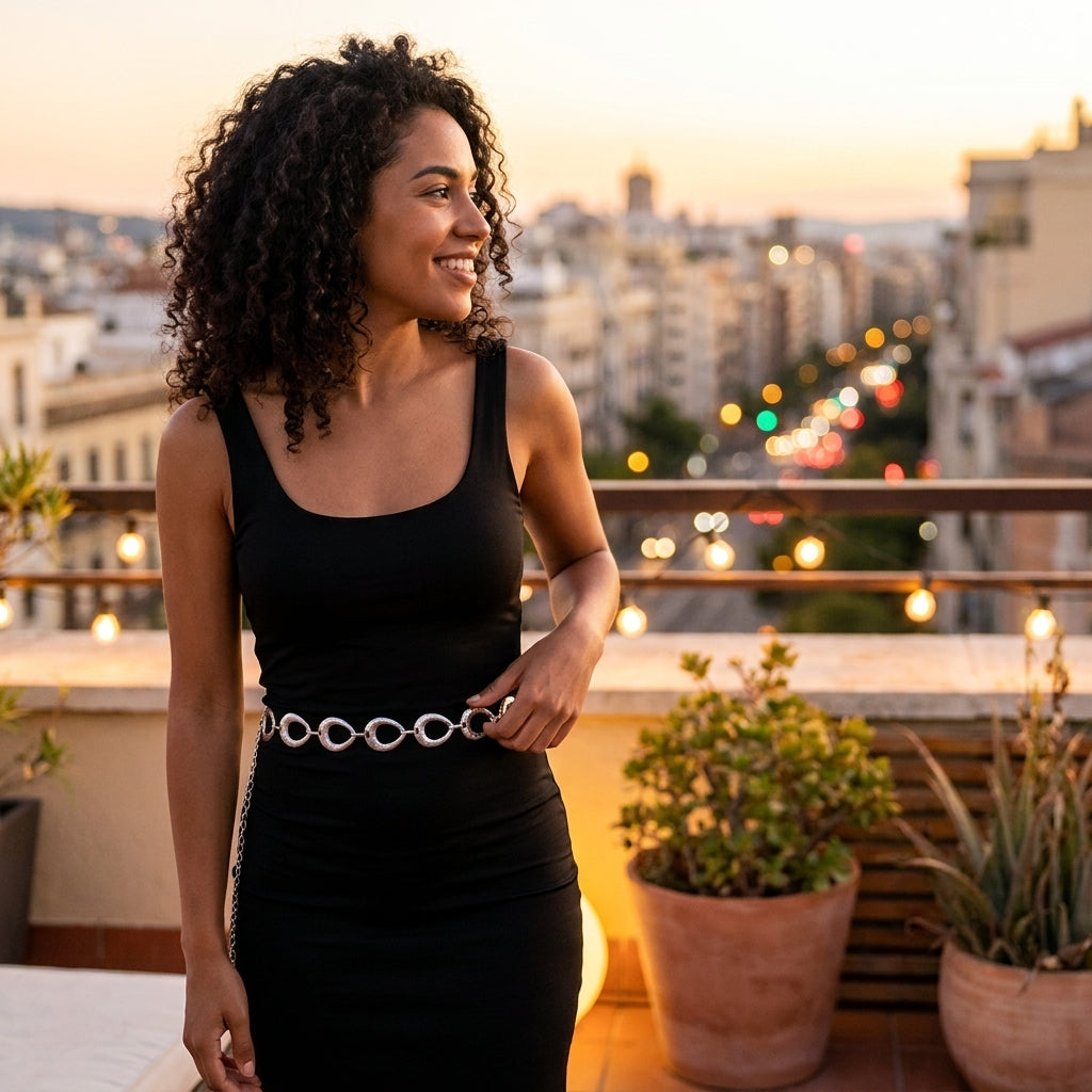 Woman smiling on a rooftop, city lights in the background.