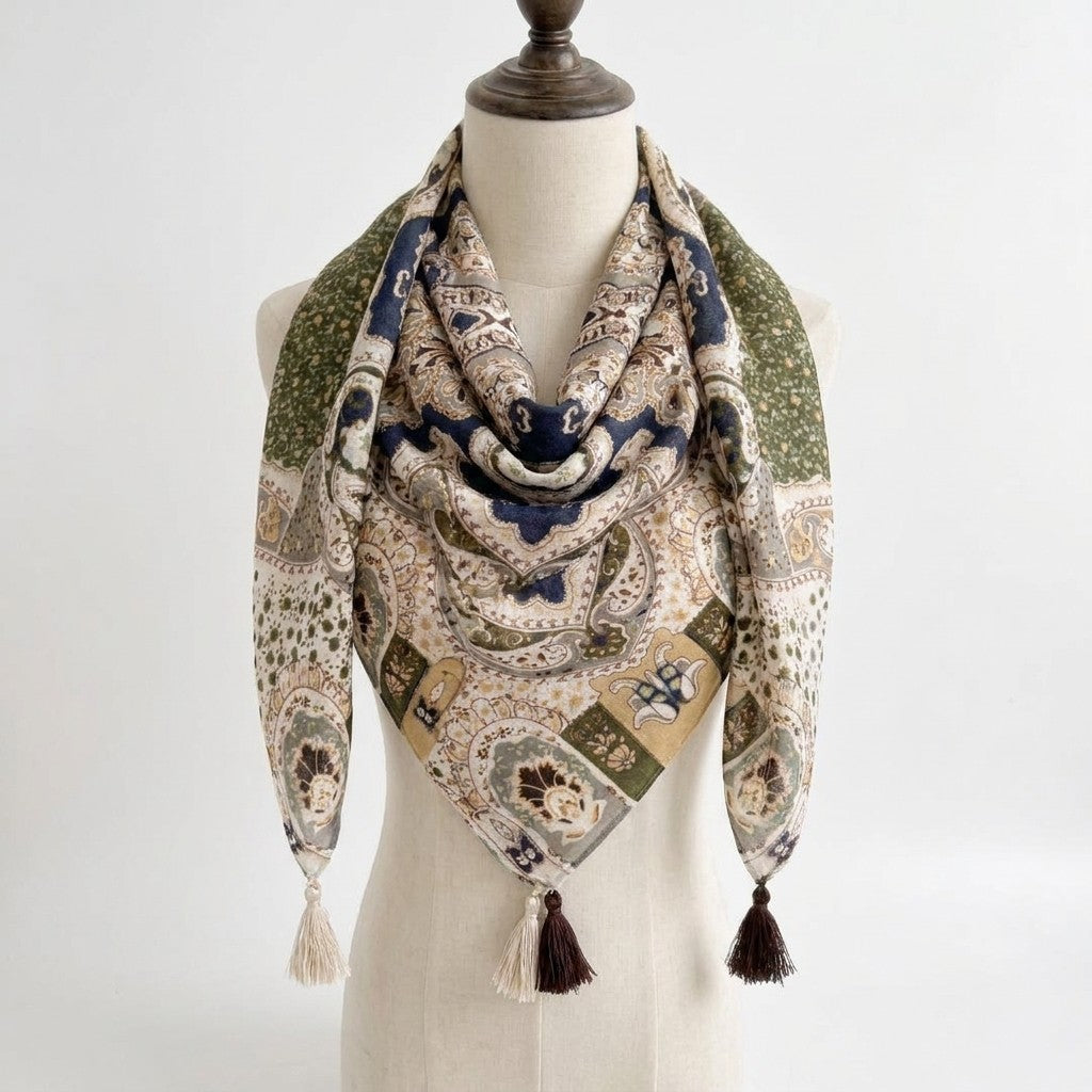Mannequin displaying a patterned scarf with tassels.