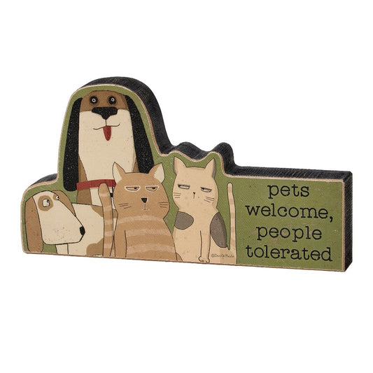 Cartoon pets with text: "pets welcome, people tolerated."