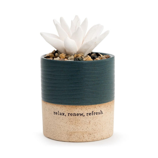White succulent in a two-tone pot with "relax, renew, refresh."