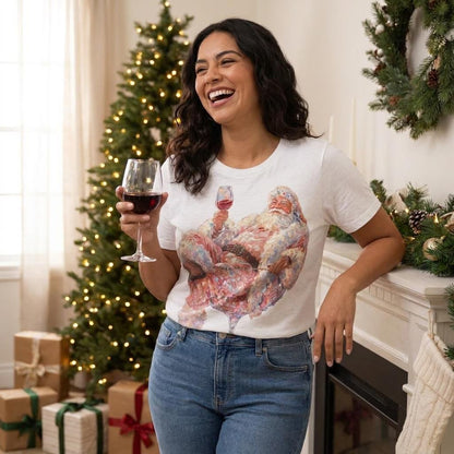 A laughing woman holds a glass of wine beside a decorated Christmas tree.