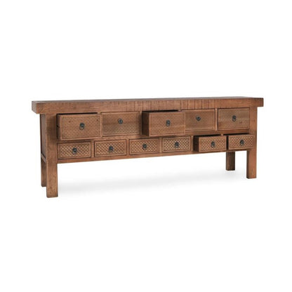 Side view of a wooden table with a rustic finish.