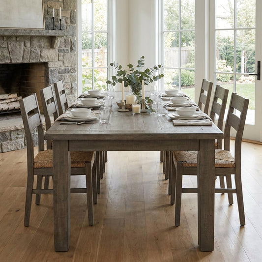 Gray wooden dining table against a white background.