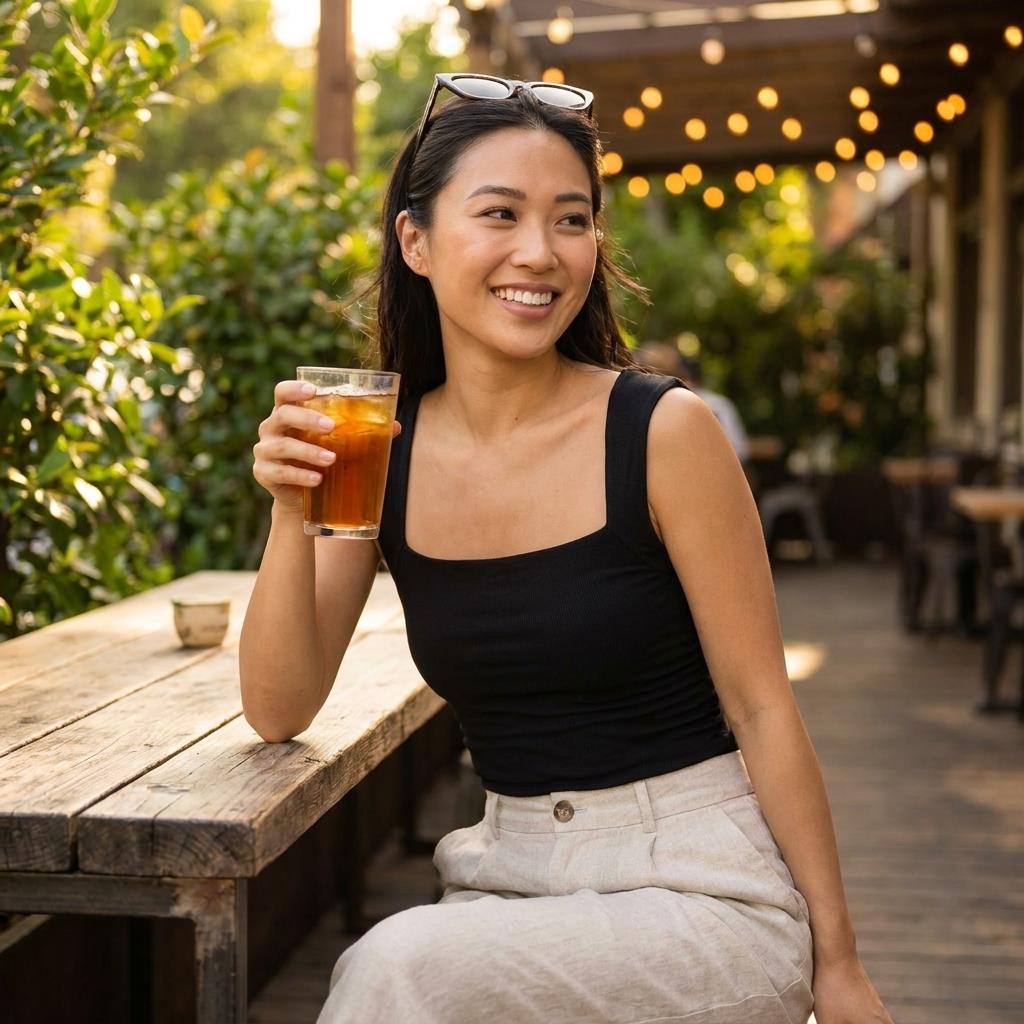 Woman smiling with iced tea outdoors, wearing sunglasses and casual outfit.