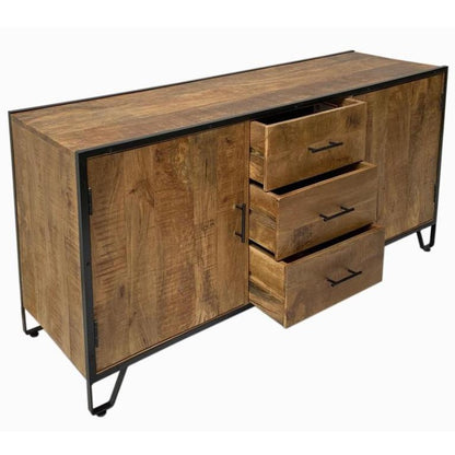 Rustic wooden sideboard with open drawers and metal legs.