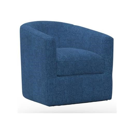 Blue upholstered swivel chair with a modern, rounded design.