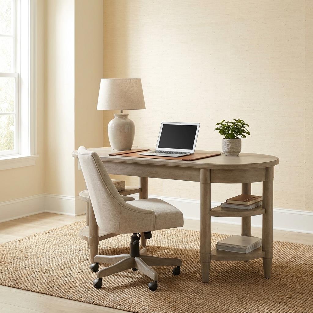Cozy home office with desk, laptop, lamp, and plant.