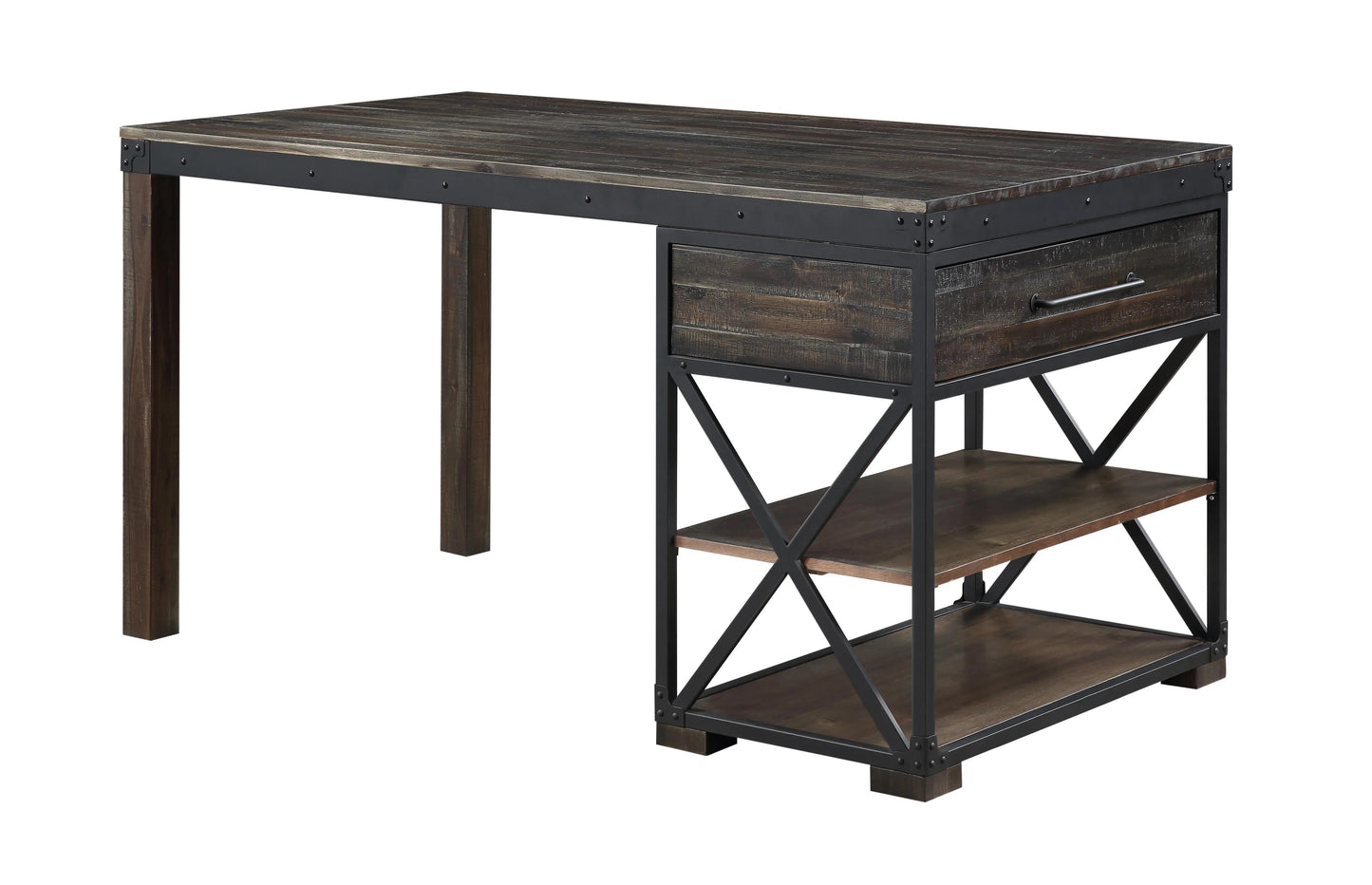Wood and metal desk with drawer and shelves.