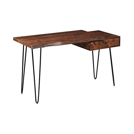 Wooden desk with metal hairpin legs and a single drawer.