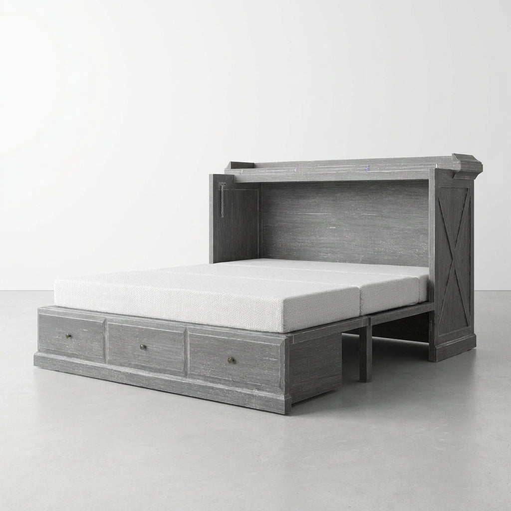 Gray murphy bed with shelves and storage drawers on a white background.