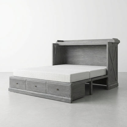 Gray murphy bed with shelves and storage drawers on a white background.
