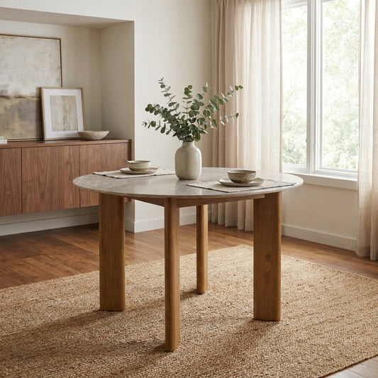 Bright dining room with a round table and minimalist decor.
