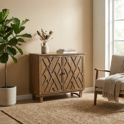 Wooden cabinet with geometric diamond pattern on doors.