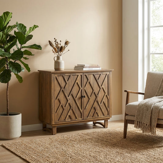 Wooden cabinet with geometric diamond pattern on doors.