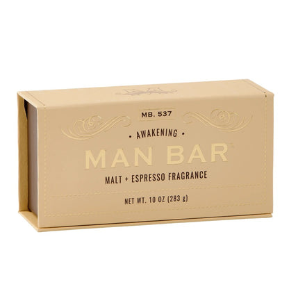 Beige soap packaging with malt and espresso fragrance, labeled "Man Bar."