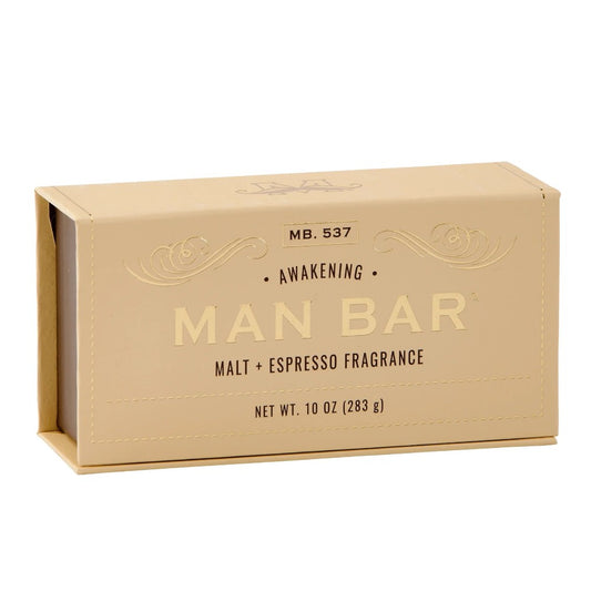 Beige soap packaging with malt and espresso fragrance, labeled "Man Bar."