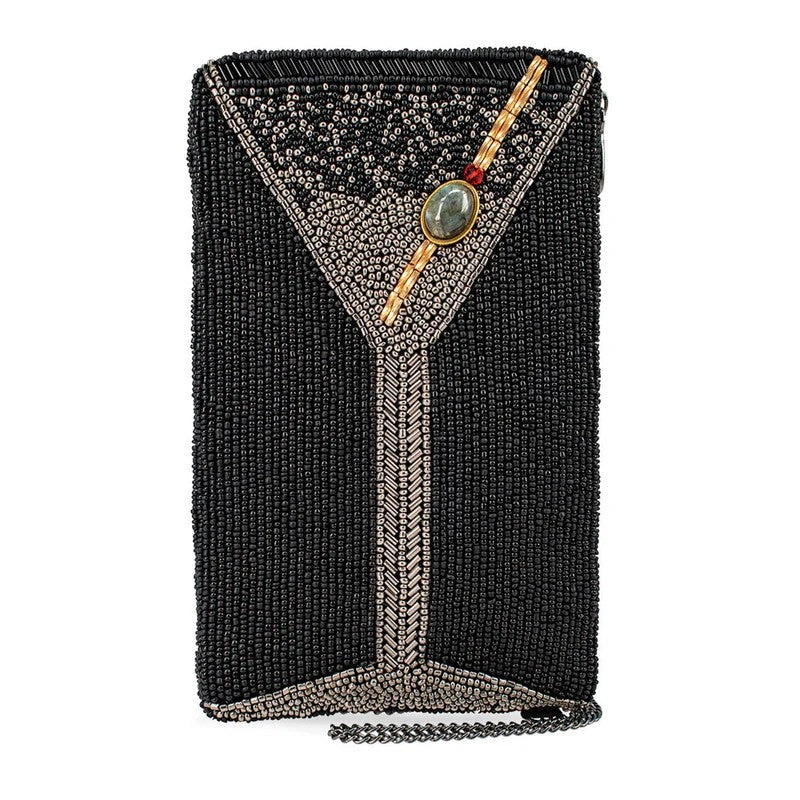 Beaded clutch with martini glass design, adorned with decorative stone.